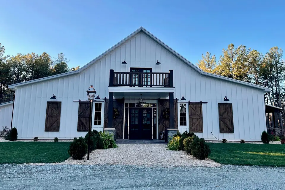 Front doors and balcony of the timber-frame barn